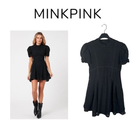 NWT MINKPINK Dreaming of Paris Womens Size M Black Mini Dress Fit n Flare Eyelet - Picture 5 of 12
